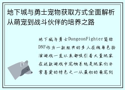 地下城与勇士宠物获取方式全面解析从萌宠到战斗伙伴的培养之路